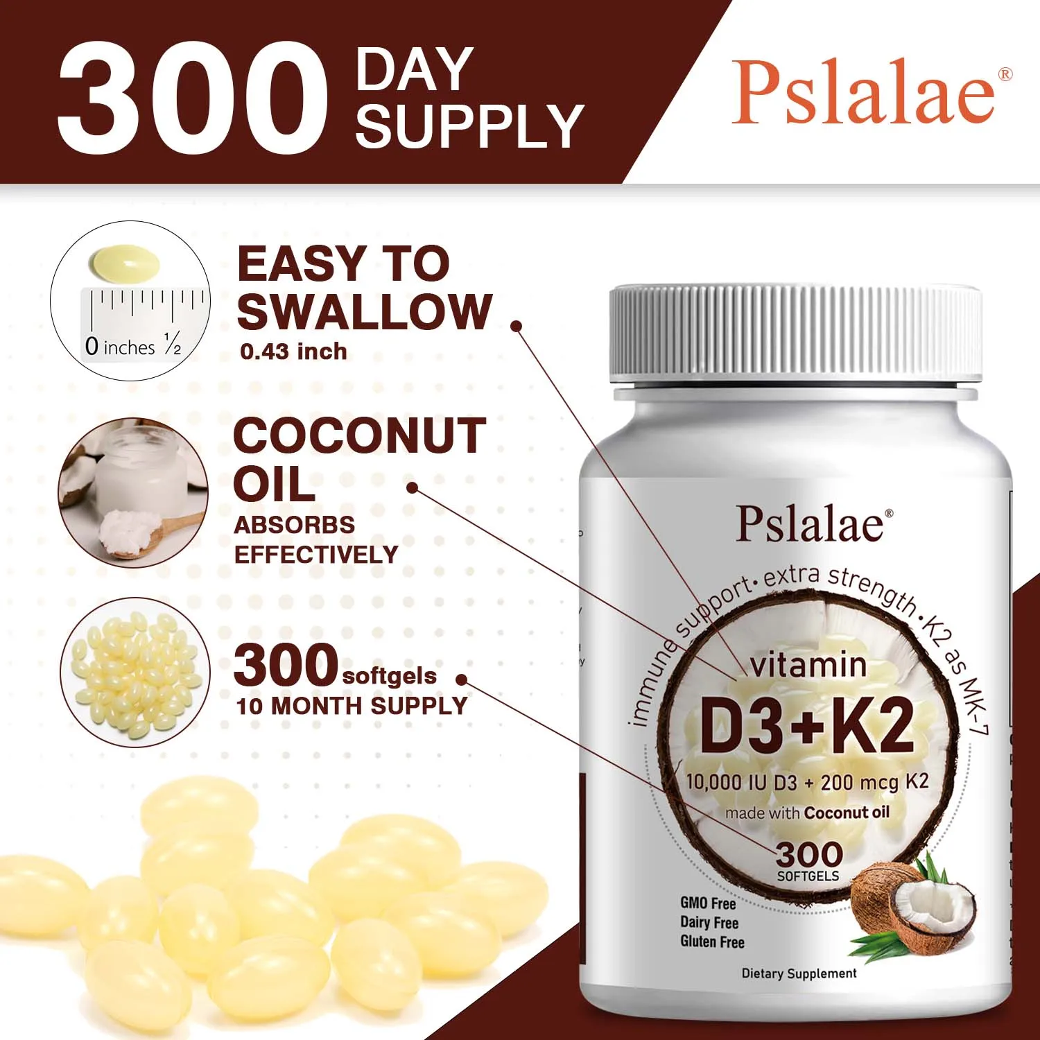 Vitamin D3 10000 IU & K2 200 Mcg - Coconut Oil Softgels - Supports Calcium Absorption, Bone, Immune and Heart Health