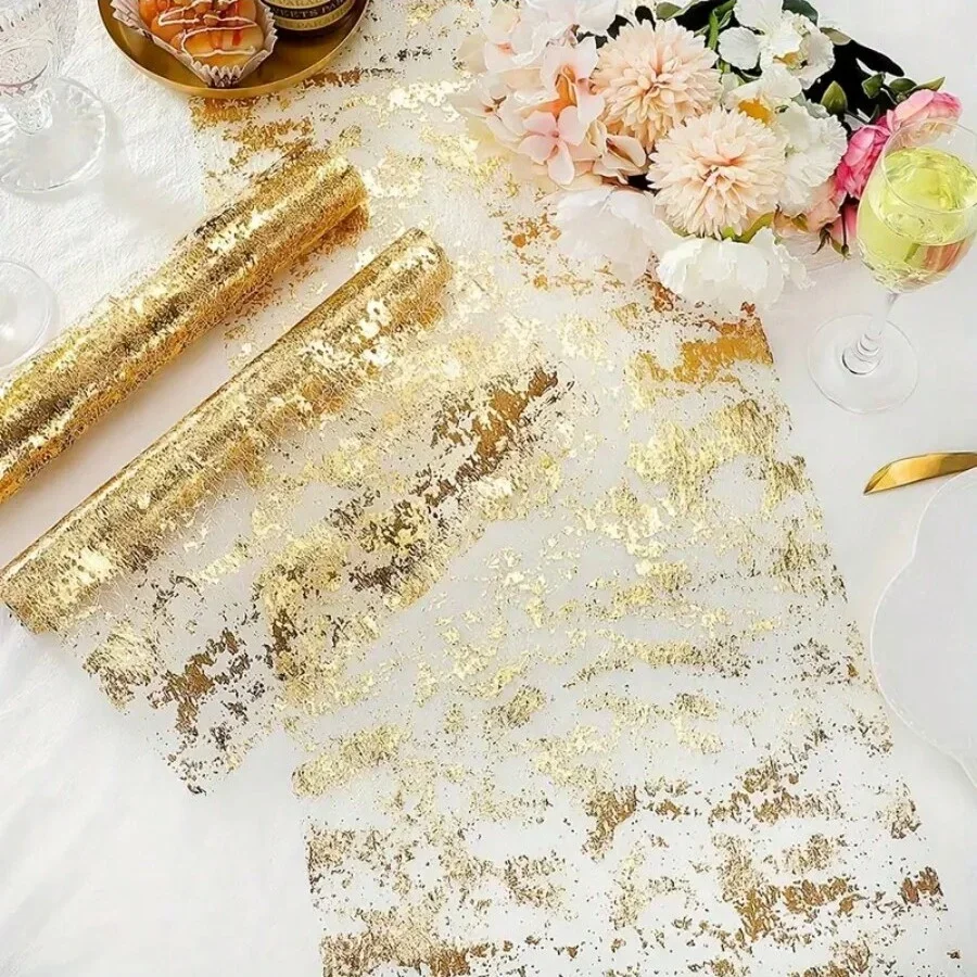 1pc, PolyesterTable Runner, Sparkly Metallic Golden Foil Thin Mesh Table Runner, Dining Decorations  Wedding,Birthday,Banquet