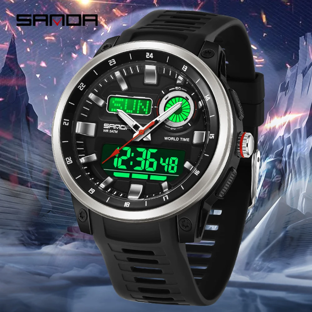 

SANDA 3389 Новинка 2025 года, мужские спортивные кварцевые электронные цифровые светодиодные часы с двойным дисплеем, водонепроницаемые военные противоударные часы