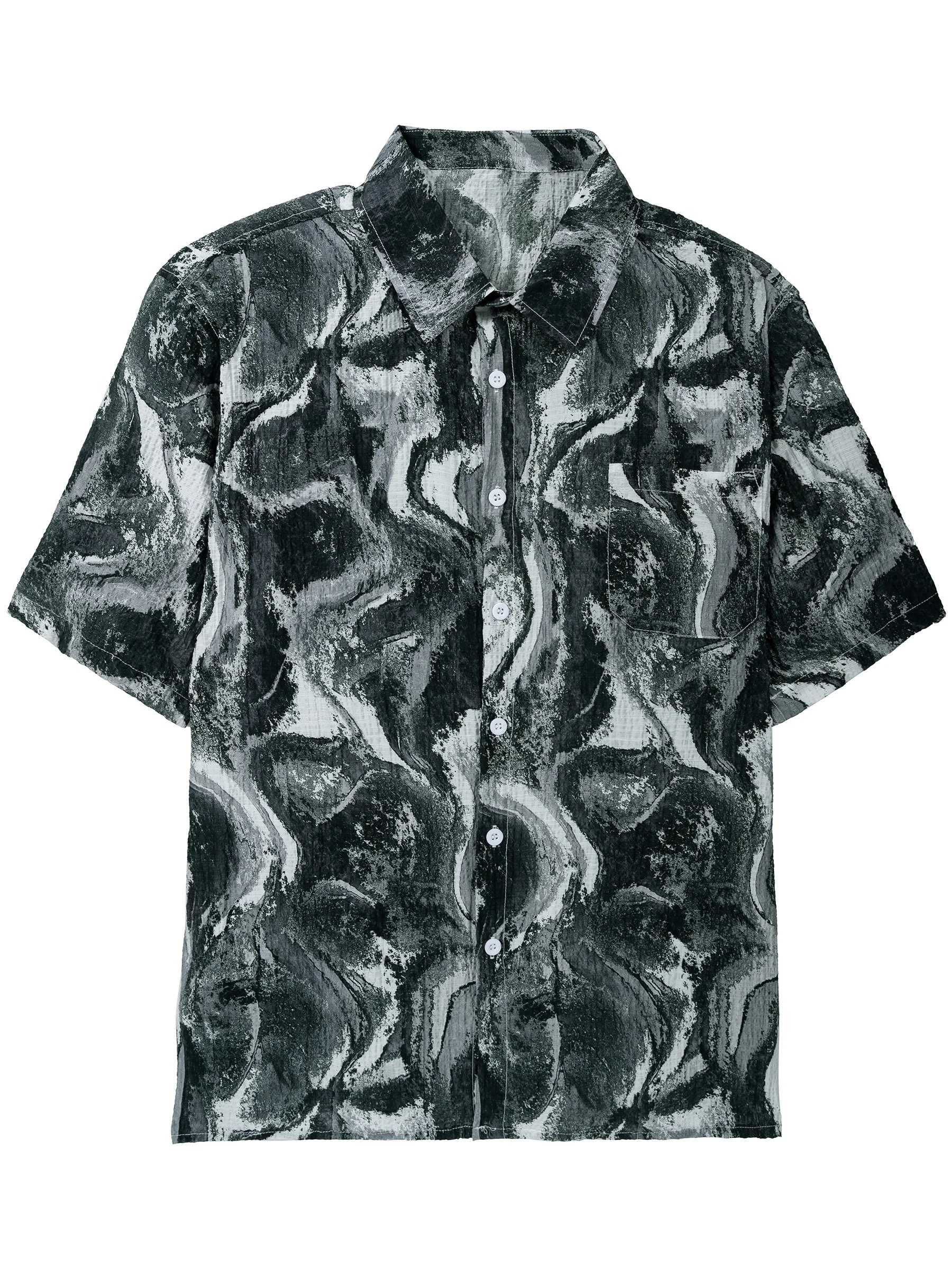 Men's Printed Shirt, Ink-Wash Fashion Beach Carousel With Buttons, Lapel Pockets, High-Quality Summer Short-Sleeved Top