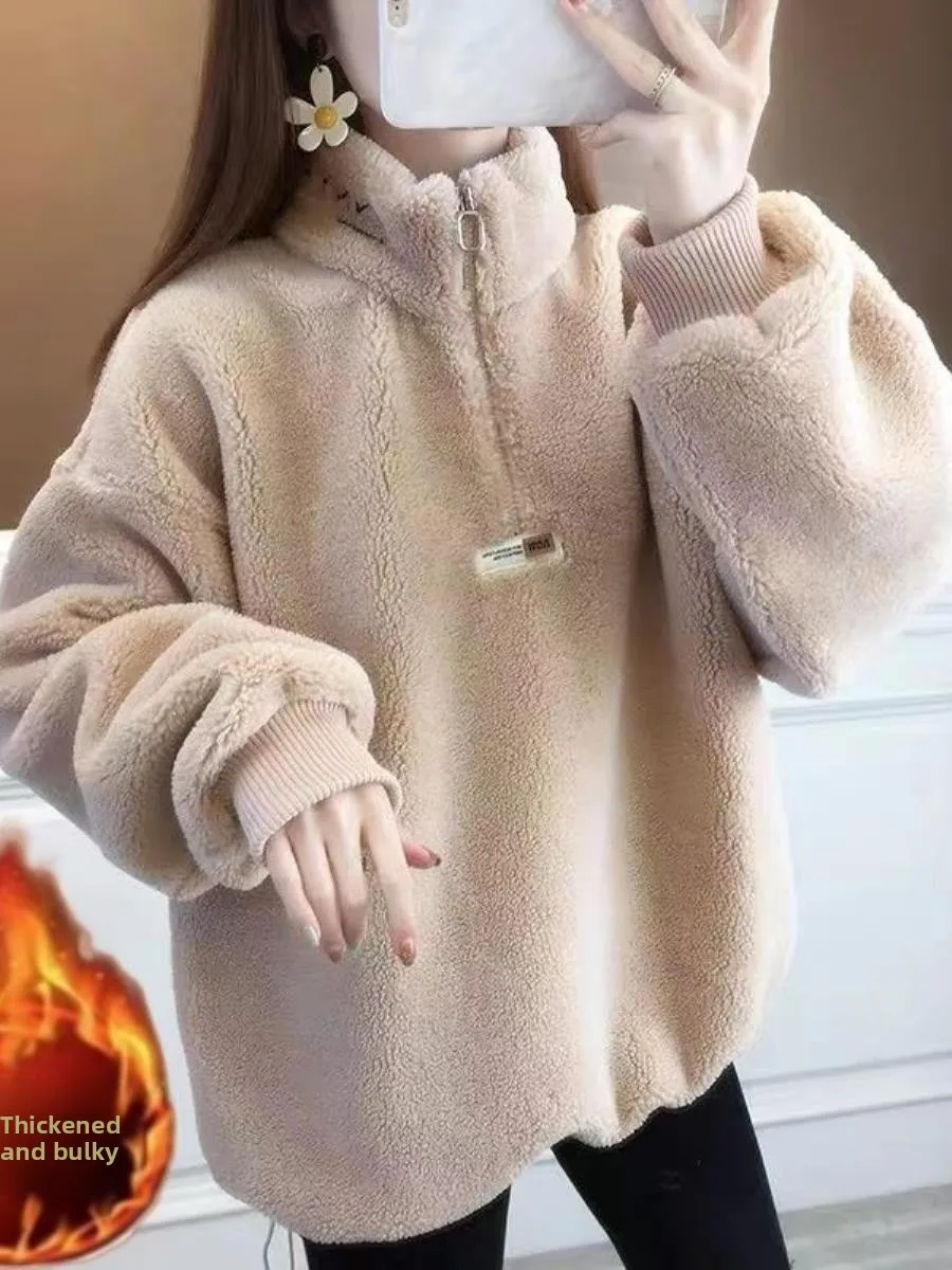 Lamb Fur Sweatirt Zipper Hoodie Women's Anti-Aging Sle Versatile Simple Design Faionable Casual Wear for All Ages