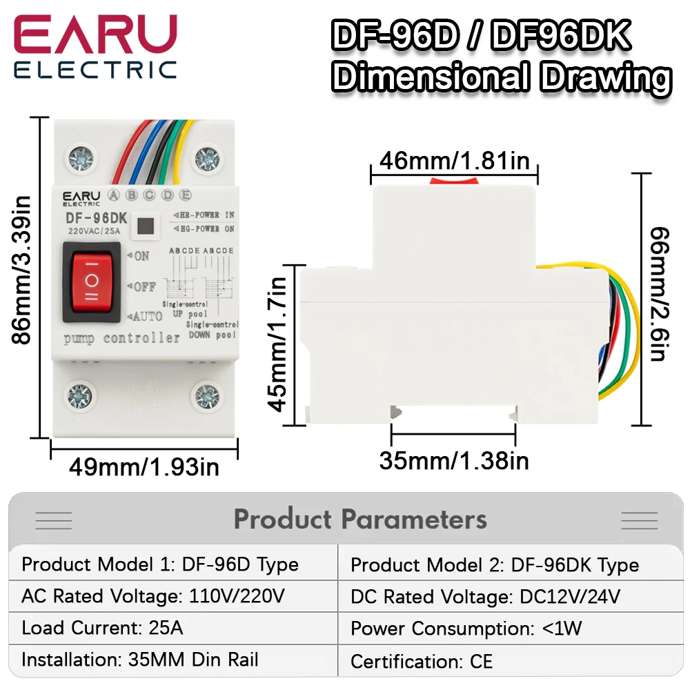 DF-96D DF-96DK Water Level Controller Switch 25A 220V Water Tank Liquid Level Detection Sensor Water Pump Controller 2M Wires