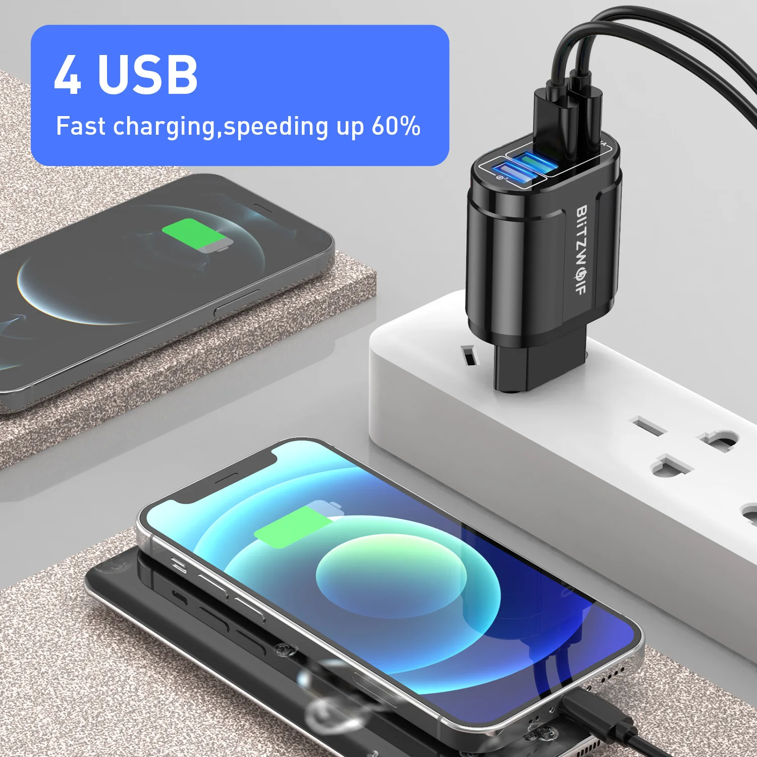 BlitzWolf BK-385 48W 4 USB-poorten QC 3.0 snellader muur reizen opladen EU-stekkeradapter voor 14 14 Plus 14 Pro voor Galaxy S22