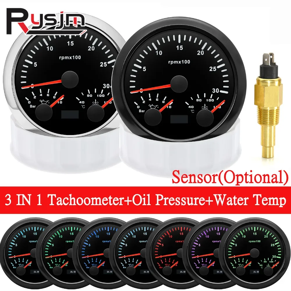 HD 85mm 3 in 1 Boat Tachometer +Oil Pressure Meter +Water Temperature Gauge 7 Color Backlight With Hourmeter Temp Sensor For Car