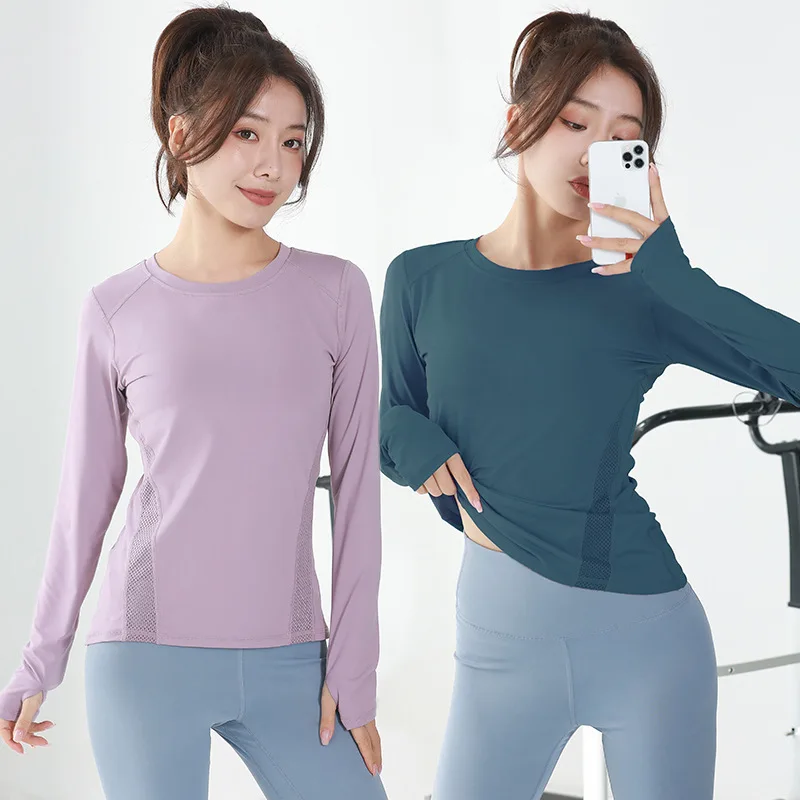 Beautiful back yoga wear long sleeve sports top women's mesh panel crew neck quick-dry running fitness sports t-shirt