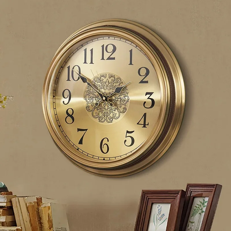 Retro Wall Clocks Large Golden Metal Watches Silent Luxury Living Room Wall Clock Copper Creative Modern Bedroom Home Decor Gift