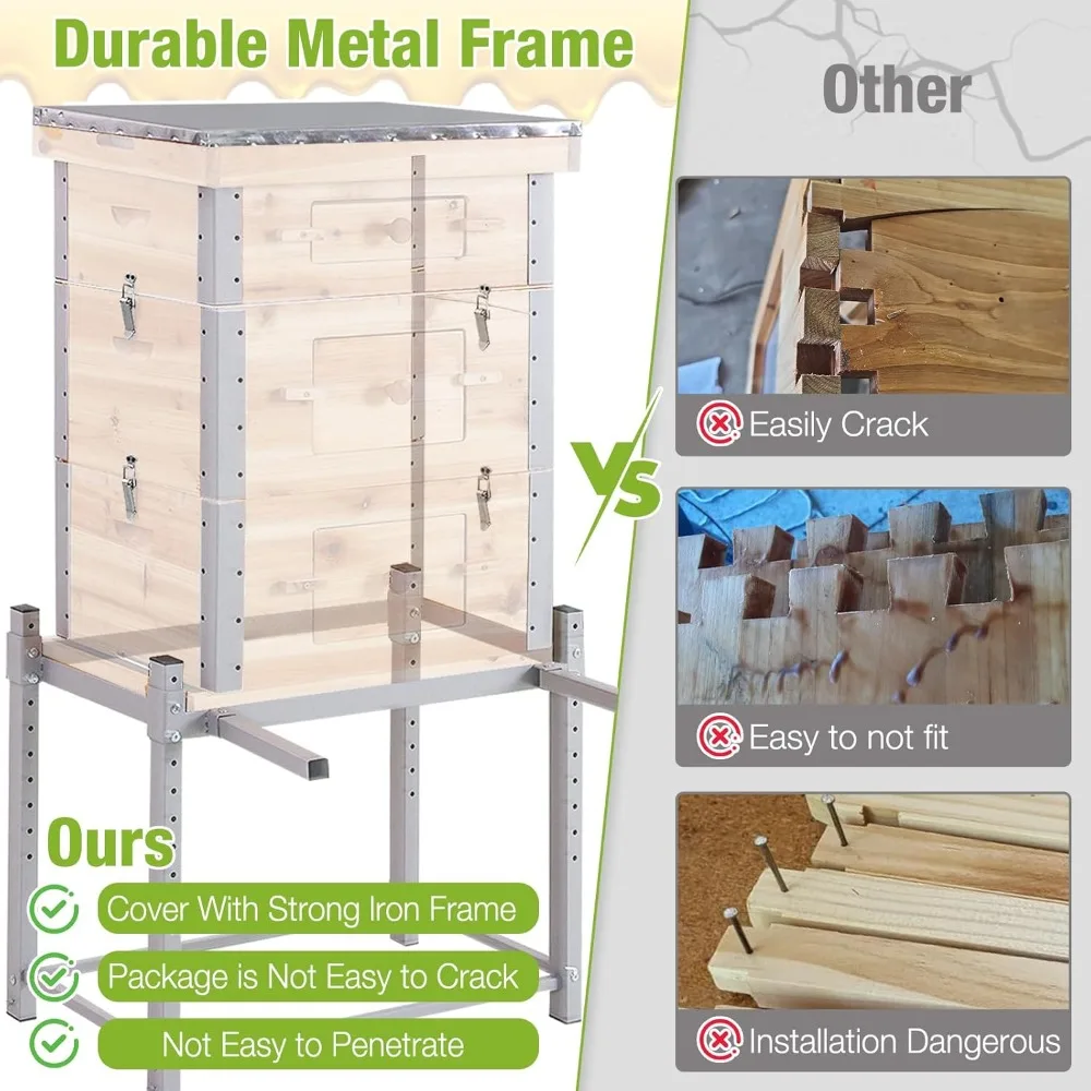 خلية النحل مع إطار معدني وحامل، خلية النحل ذات 10 إطارات مغموسة بشمع عسل 100%، خلية تدفق سهلة التجميع