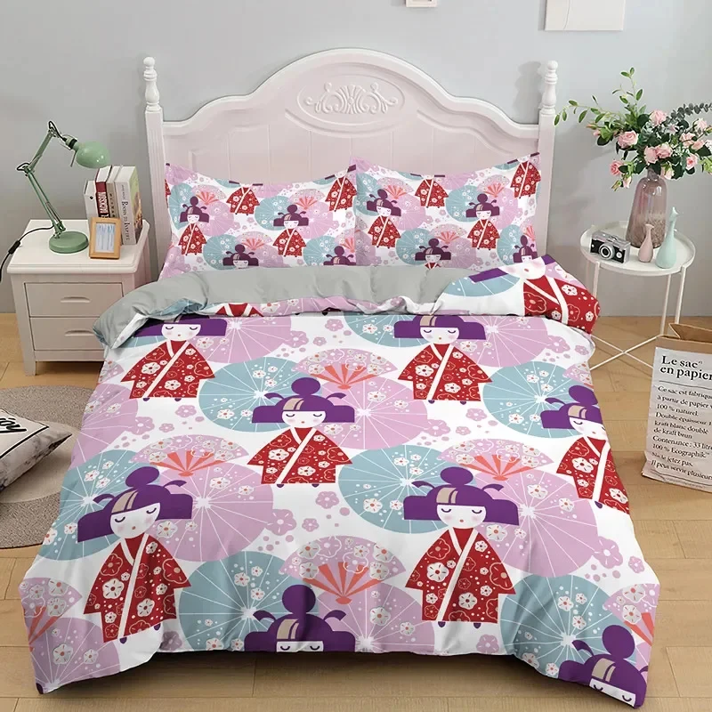 Japanese Dolls Duvet Cover Cute Lucky Cat Bedding Set Microfiber Fan Kokeshi Comforter Cover King For Boys Girls Bedroom Decor