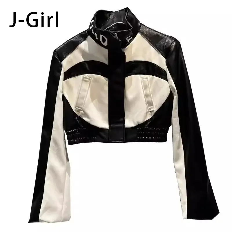 Autumn new explosive street letter printed collar with contrasting color splicing leather jacket jacket coat women  goth  eam