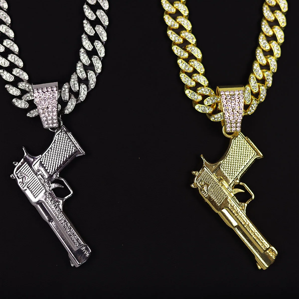 2023 New Fashion Hip Hop Crystal Pistol Pendant Personality Cool Rap Trend  Necklace for Men Women Gift