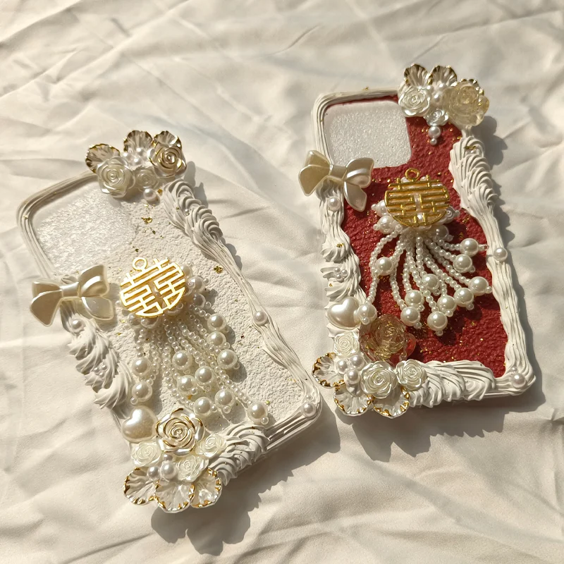 

4103 Bridal Wedding Gift Cream Gel Phone Case Vintage Embroidery Luxury Handmade Custom For Apple Vivo Huawei Xiaomi OPPO Bestie