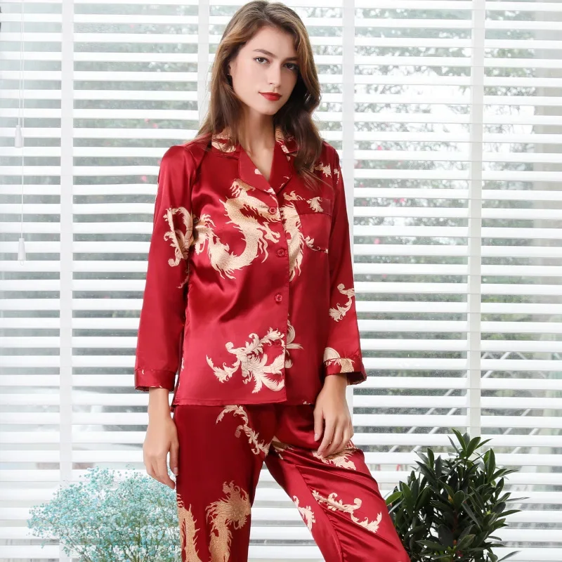 Men's Simulation Silk Couple Pajamas Long-sleeved Long Pants Suit Men Women V-neck Silk Printing Dragon and Phoenix Home Wear