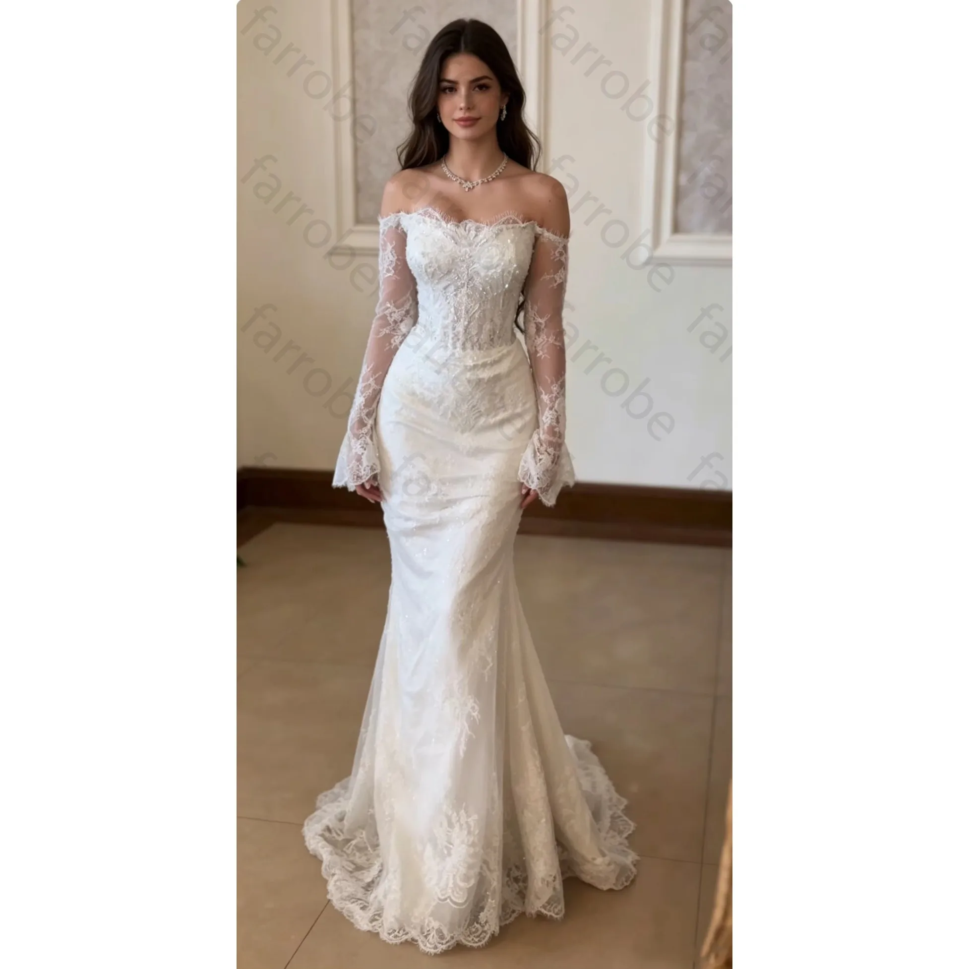 Maßgeschneidertes Schulterfreies Meerjungfrau-Brautkleid in Bodenlänge mit Spitze, Langen Trompetenärmeln und Pailletten-Applikationen für Frauen, Sexy