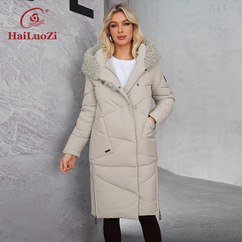 HaiLuoZi 2022 New Winter Women\'s Jacket Long Thick Bio Cotton Pocket Hood Zipper Lamb Fur Female Clothing Parkas Women Coat 51