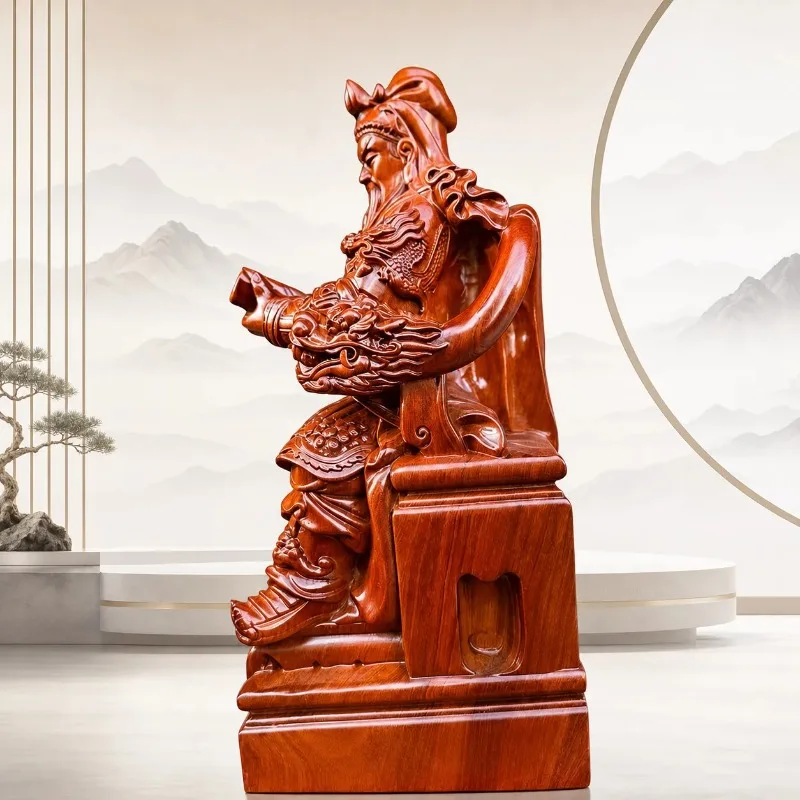 Wooden Guan Yu Statue for Home Decoration Carved Rosewood Sitting Guan Gong Figure Reading Spring and Autumn Annals for