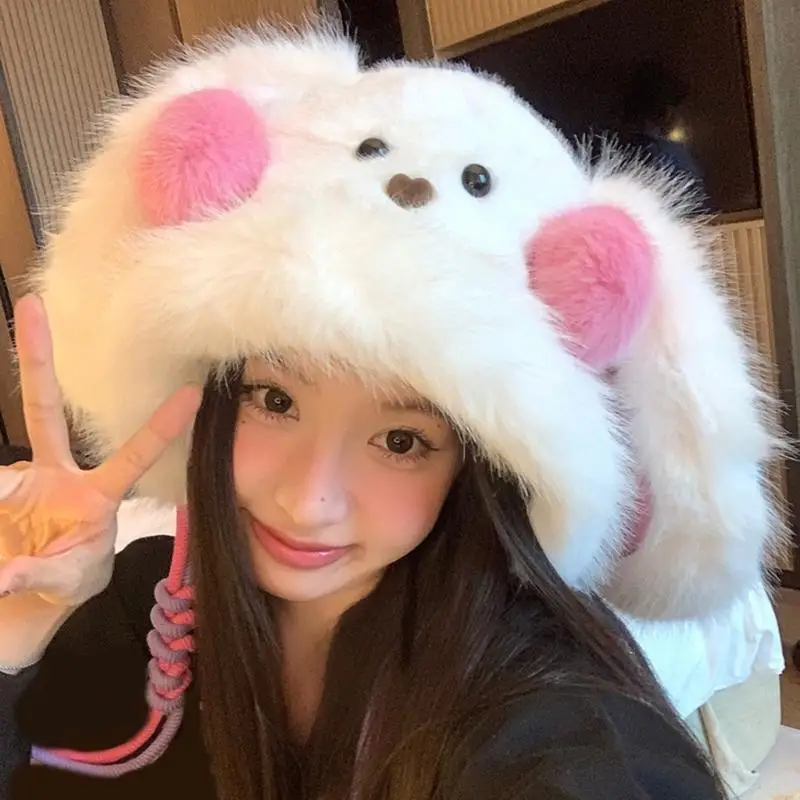195E Copricapo conigli pelosi con cappello peloso cosplay arrossato degli anni con orecchio