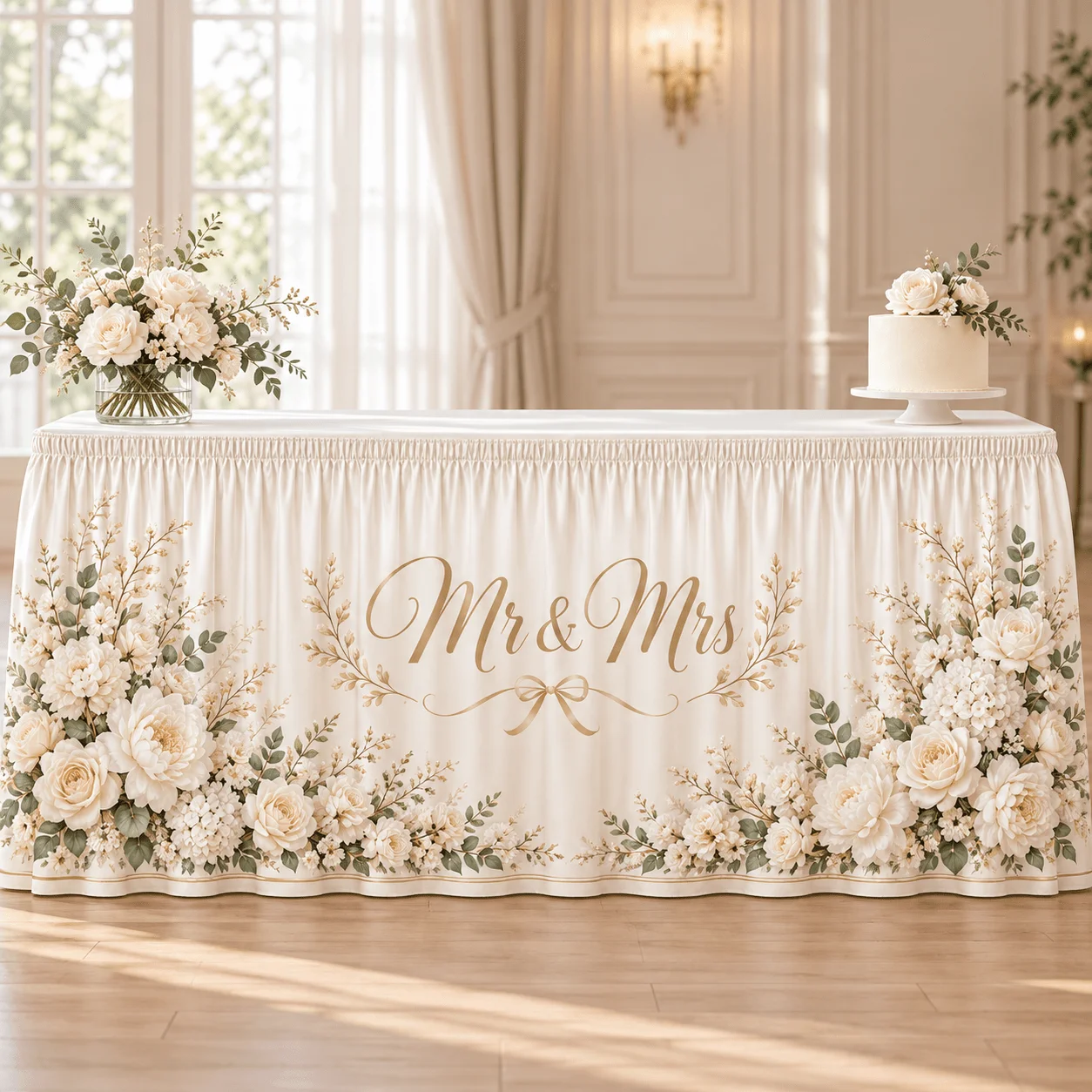 Cream white floral polyester table dress, wedding atmosphere, champagne gold Mr. And Mrs. letters with rose peony print