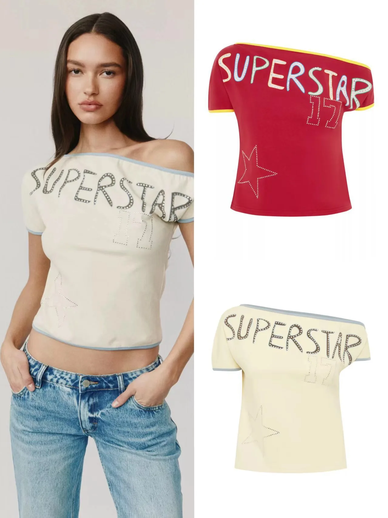 

Slim Fit Short Sleeve T-Shirt with Rhinestone Lettering Shoulder Baring Design for Women Summer Fashion Trend Spicy Girl Style