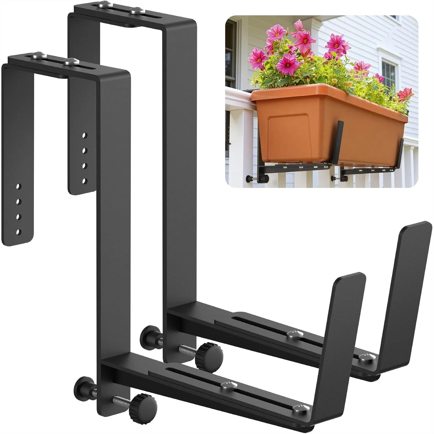 

Adjustable Window Box Brackets for Railings, Heavy Duty Iron Planter Supports, 90 lbs Capacity, Black 2 Pack
