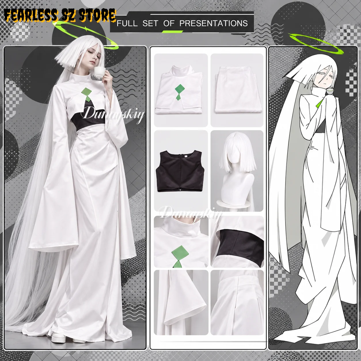 Chinese Anime 2D Role Play Fangtang Memory Administration Cosplay Costume Outfit White Long Robe Set With Wig Halloween Party