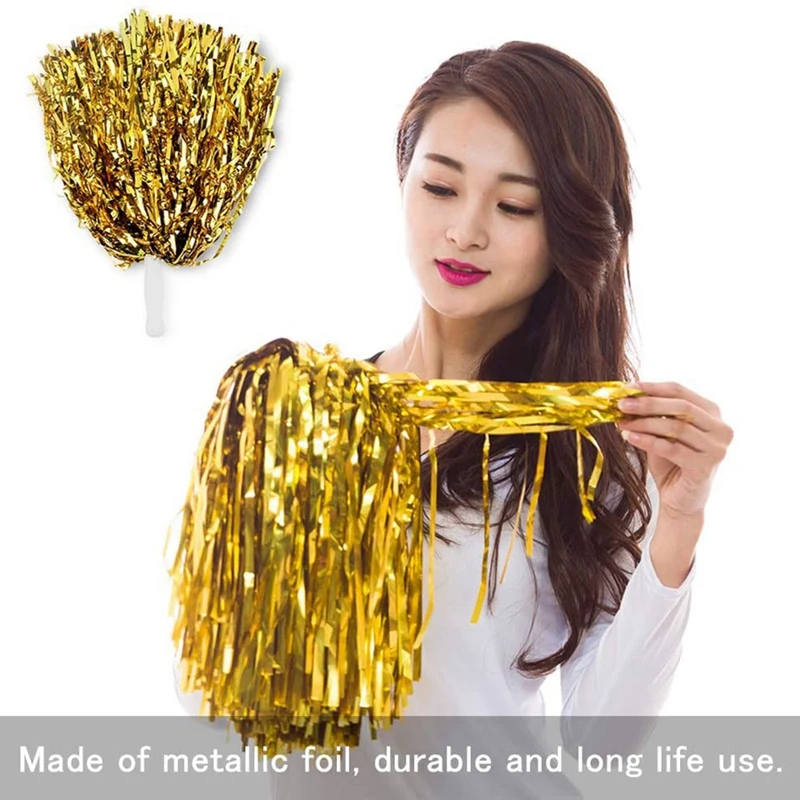 MYMF-48Pcs Cheerleading Pom Poms Metallic Foil Cheer Pom Poms With Plastic Handle For Adults Kids Cheerleaders Party Yellow