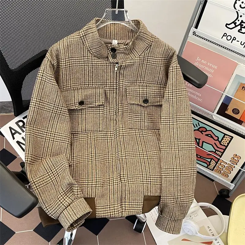 Autumn Winter Men's Plaid Jacket Harrington Sle Youth Fashion Classic Stand Collar Long Sleeve Coat for Teens And Young Adults