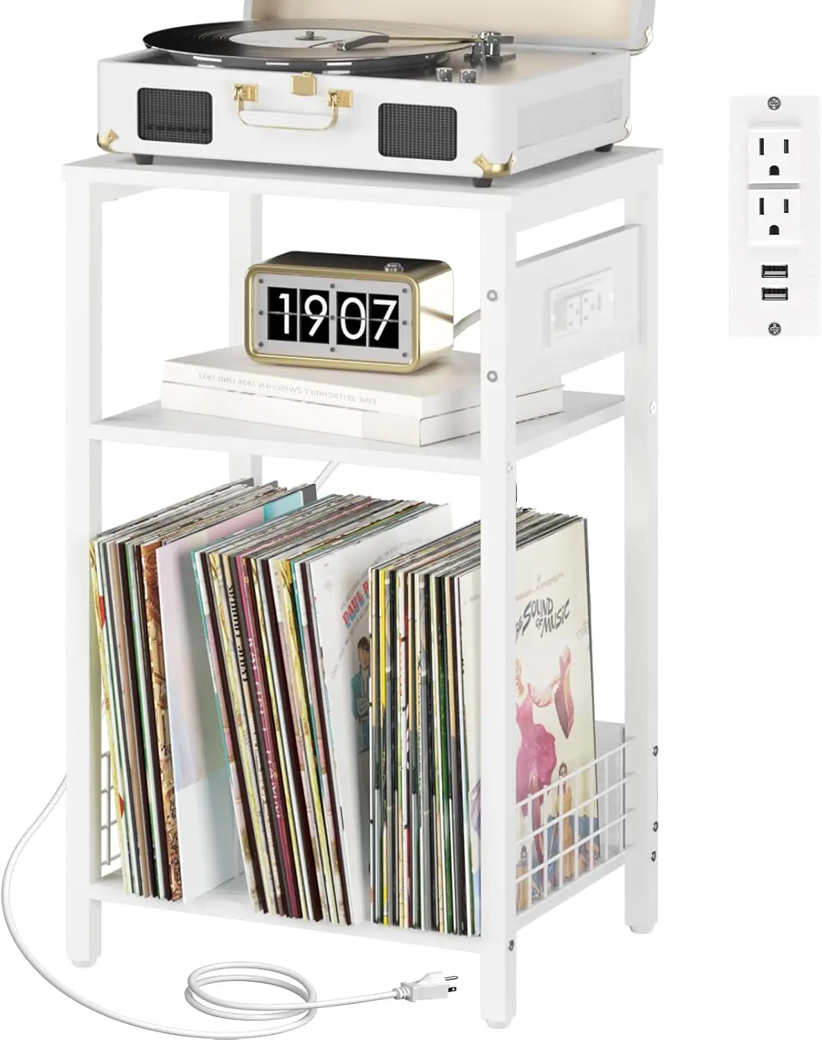 

3-Tier White Side Table with Charging Station, Vinyl Storage Turntable Stand for Living Room