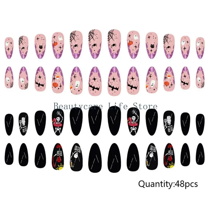 652C 48pcs Almond False Halloween Press On Full Cover Artificial French Tips Fake for Nail Decoration