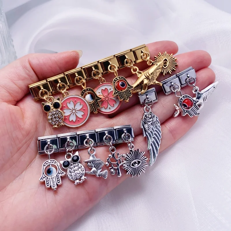 New Fashion Shark Owl Devil's Eye The Hand of Fatima Italian Charm  Bracelet Links Fit 9mm Stainless Steel Jewelry DIY Making