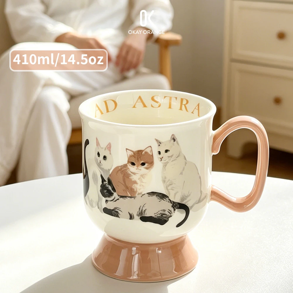Vintage Cat Ceramic Coffee Mug Large Capacity Porcelain Tea Cup Luxury Letter Printing High Foot Water Cup Milk Latte Mug 410ml