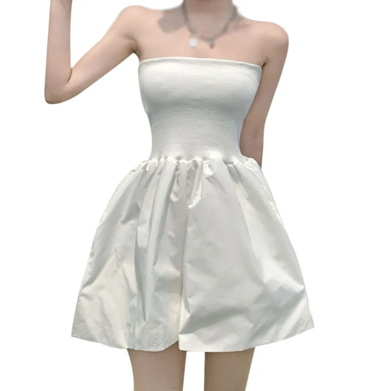 

Women's Sleeveless Breasted Puffy One-piece Shorts Summer Slim Waisted Strapless Rompers Solid Color Playsuits