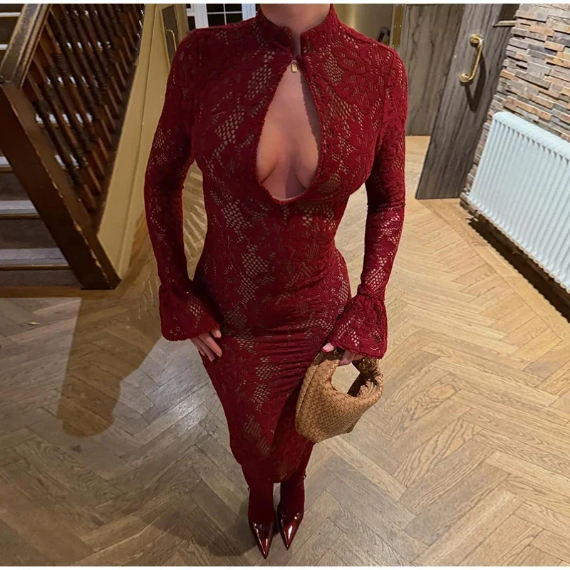 DSMTRC femme fête Chic dame à manches longues robes Sexy hanche paquet évider robes de soirée Chic dentelle moulante Midi Robe femmes