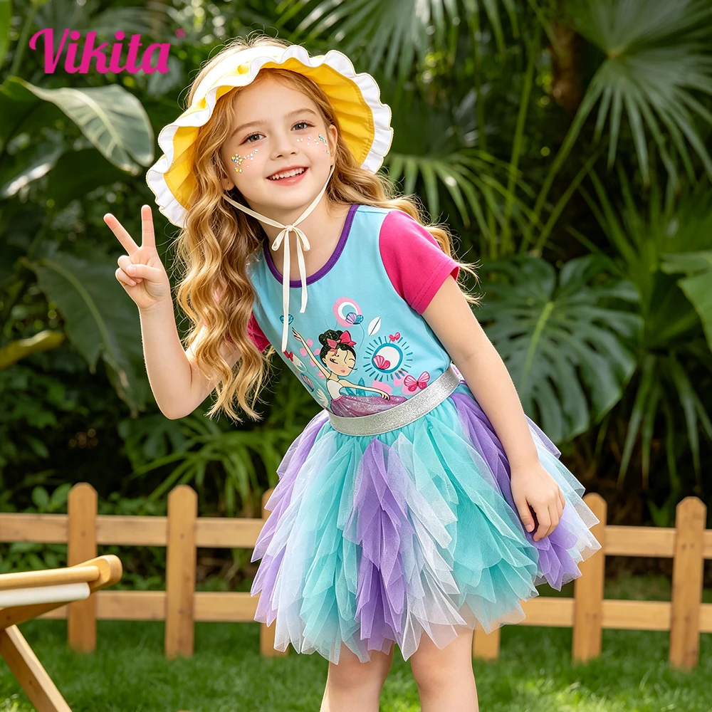 VIKITA Kleinkinder-T-Shirts mit Glitzer-Puppen- und Schmetterlingsdruck, Sommer, blau, O-Ausschnitt, Baumwolle, lässig, kurzärmelig, für Kinder, Alltags-Tops, T-Shirts, Outfits
