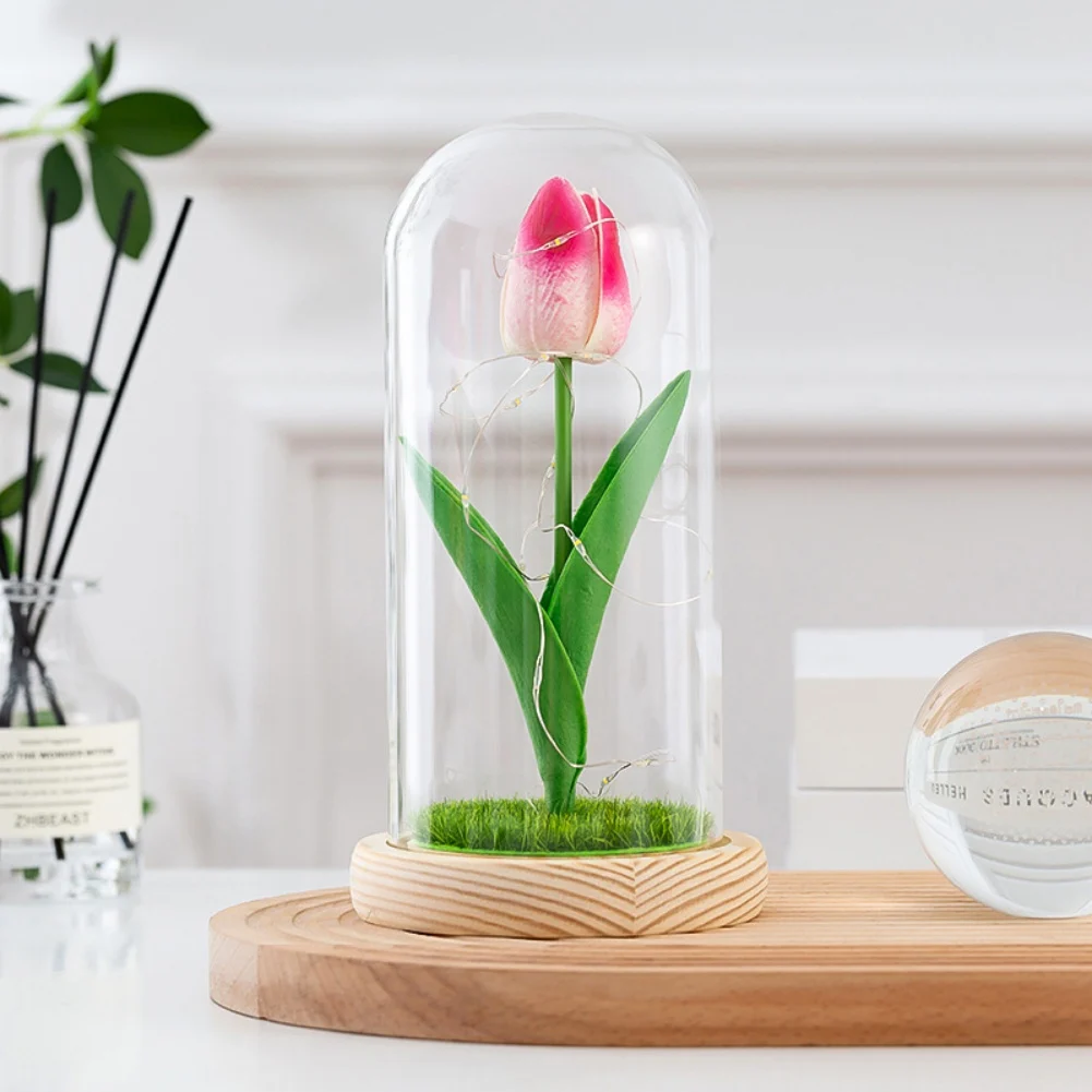 Tulip Glass Cover Decoration For Valentine\'S Day Decoration Micro Landscape Immortal Rose Valentine\'S Day Gift LED Lights