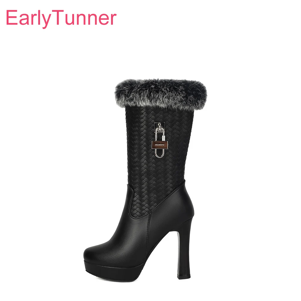 

2025 New Winter Mature Black Red Women Mid Calf Boots Platform High Thin Heel Lady Dress Shoes Plus Big Size 11 43 45 48