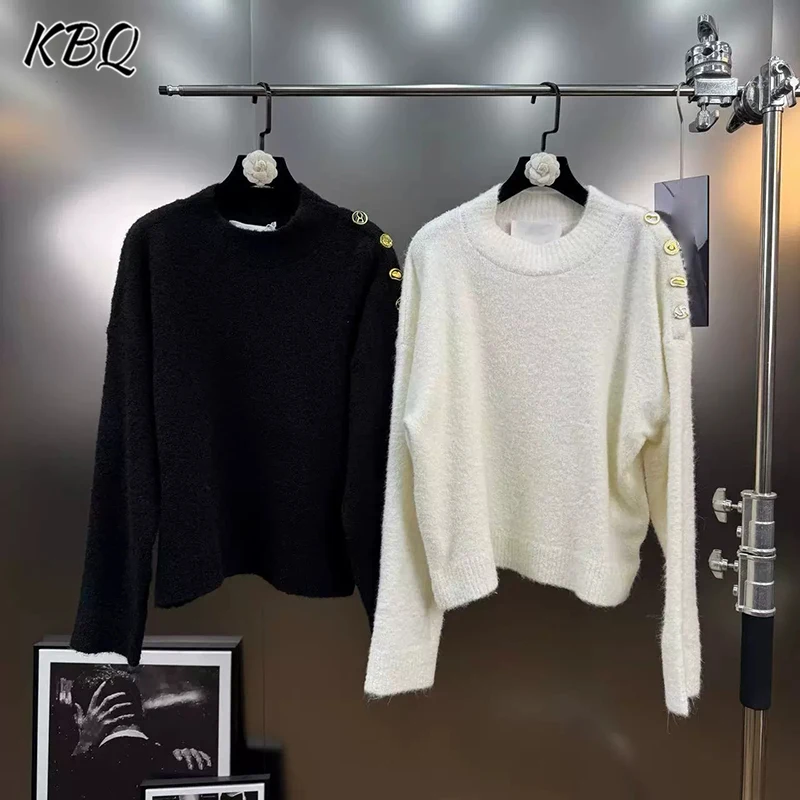 

KBQ Solid Spliced Metal Loose Chic Sweater for Women Round Neck Long Sleeve French Elegant Knitting Sweater Female Fashion New