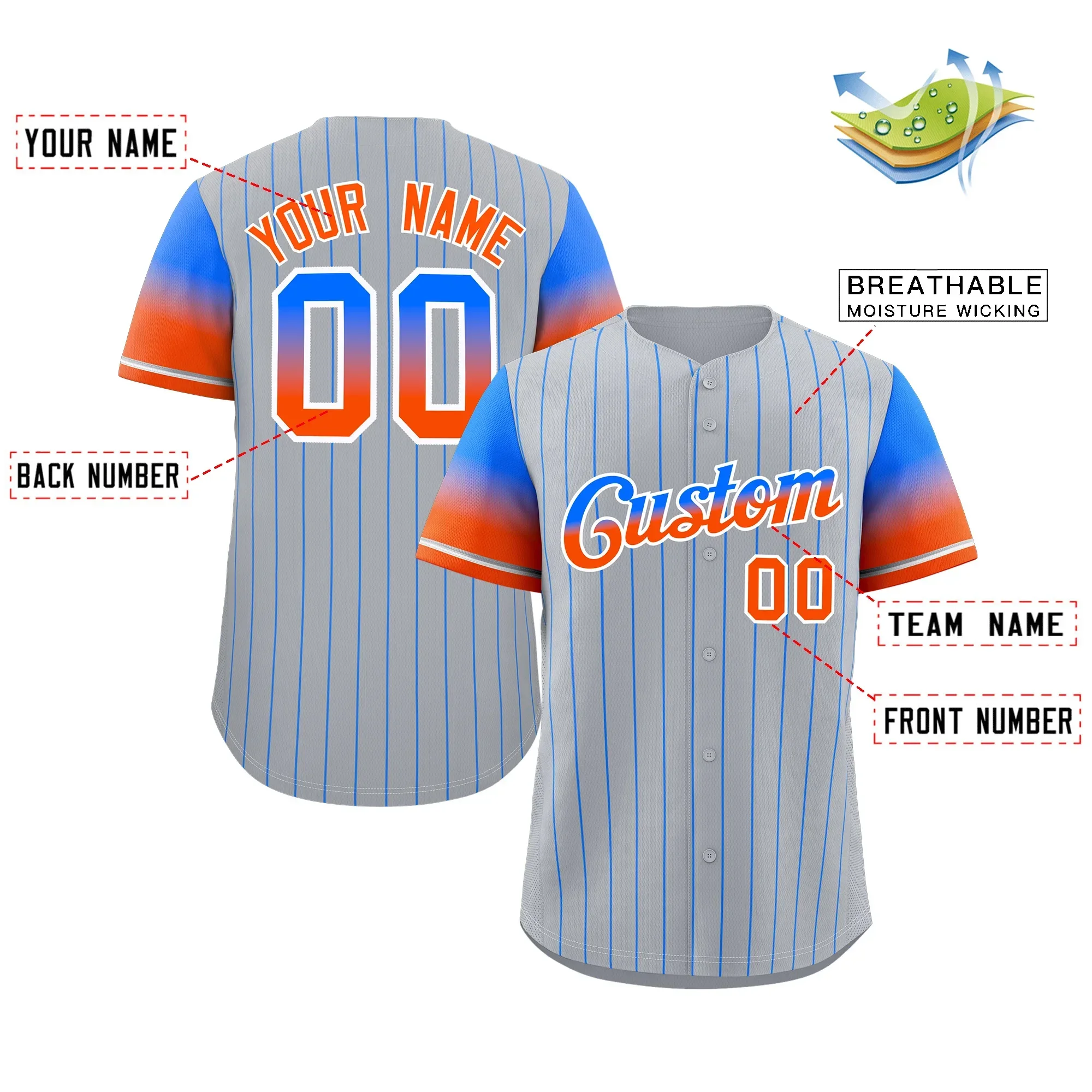 Personalisiertes Baseball-Trikot mit Farbverlauf, Nadelstreifen, bedruckt, Teamname, Nummer, Herren, Damen, Kinder, Hemd