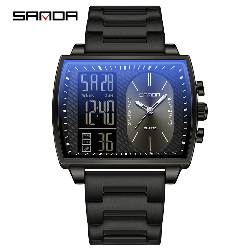 SANDA 6238 Luxury Men's Quartz Watch Fashion Tonneau Watch Countdown Sports Waterproof Three Time Display Digital Men's Watches