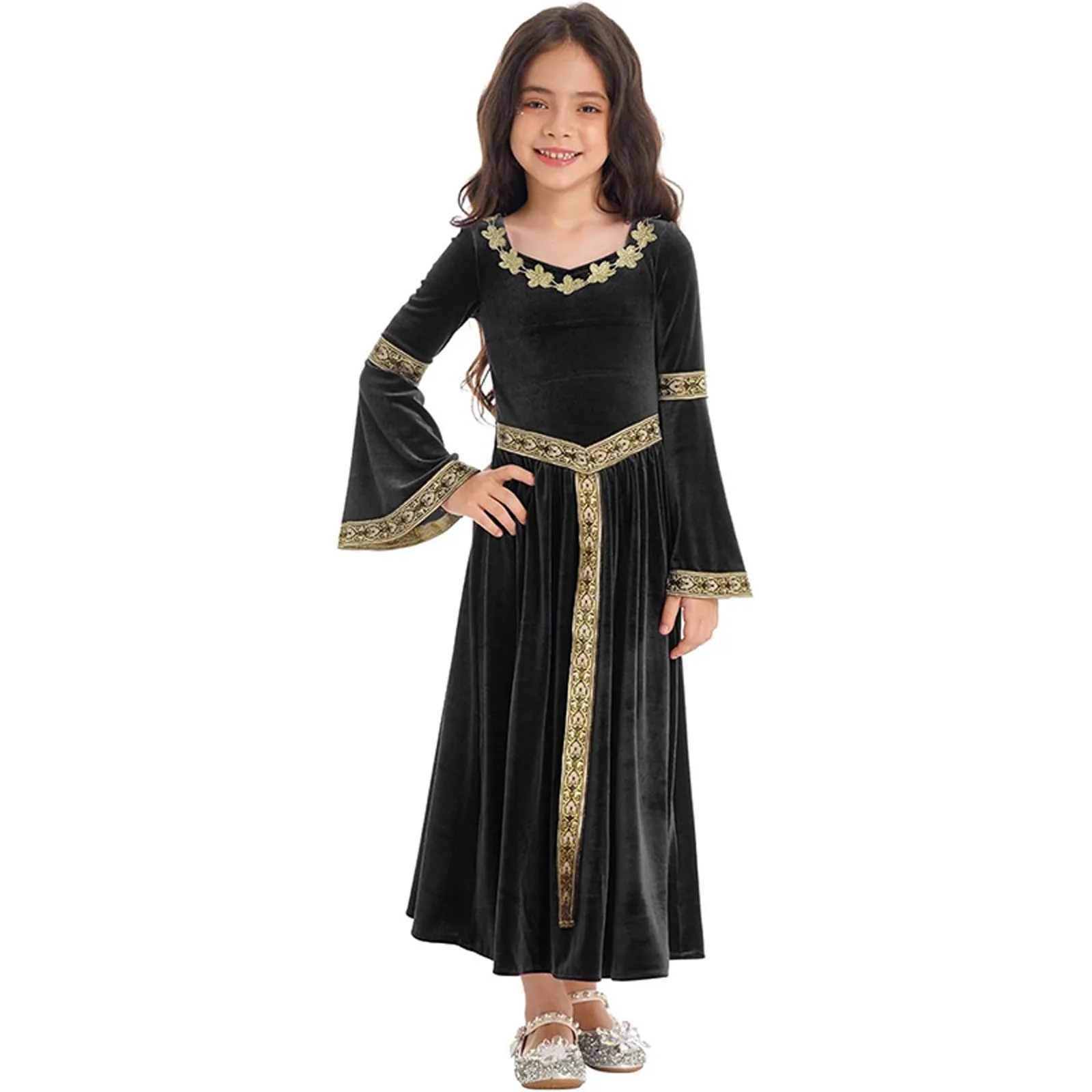 

Children Medieval Princess Trumpet Sleeve Dress Comfortable Princess Queen Cosplay Costume Halloween Carnival Party Dress Up