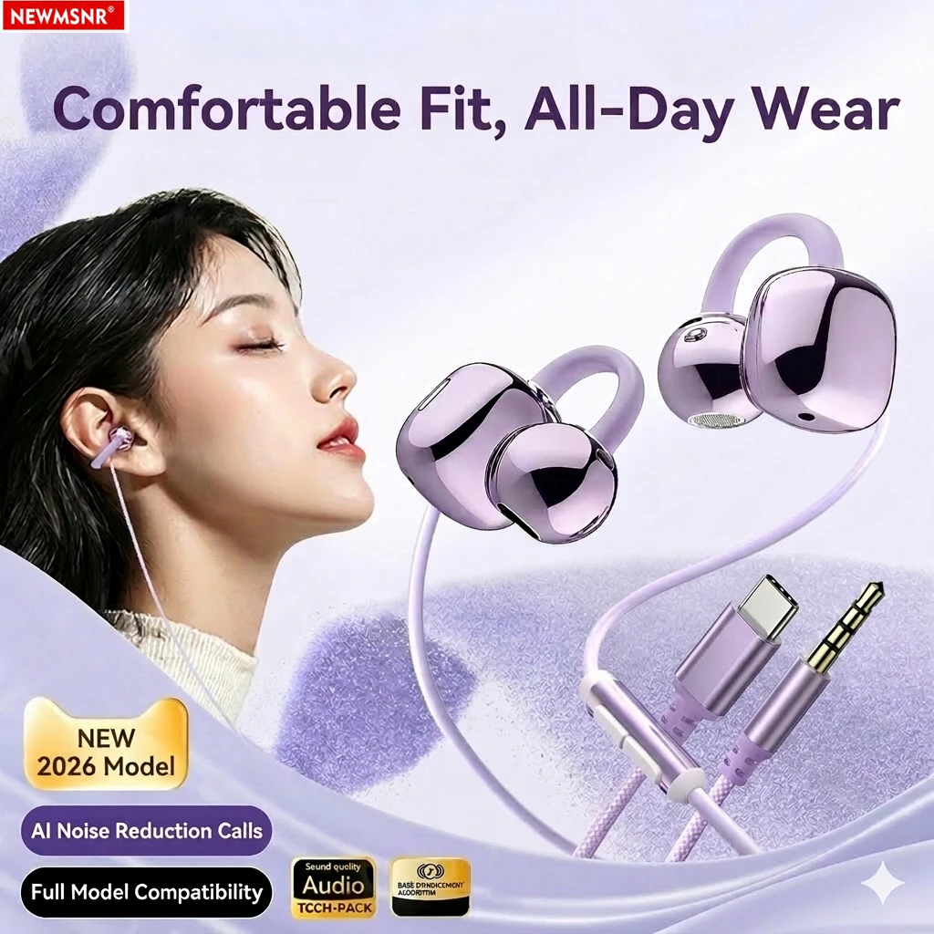 Clip-on Type C&3.5mm Wired Control Headphones HIFI Sound Sports Earbuds Handfree Gaming Headsets Earphones in HD mic For Samsung