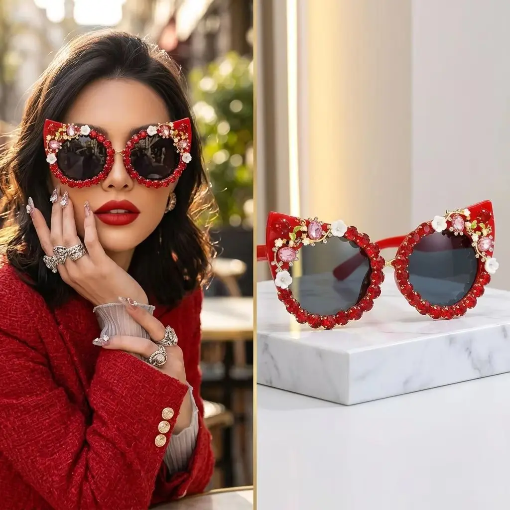 Katzenaugen-Sonnenbrille für Damen mit Strass, Luxuriöse Blumen-Sonnenbrille mit Diamant-Kristall-Dekoration, Vintage-Party-Brille UV400-Schutz