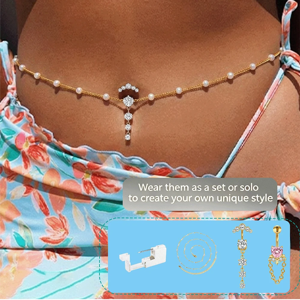 1 Set Belly Button Piercing Kit - Includes 16G CZ Belly Button Ring, DIY One-Time Piercing Gun Suitable For Home Use