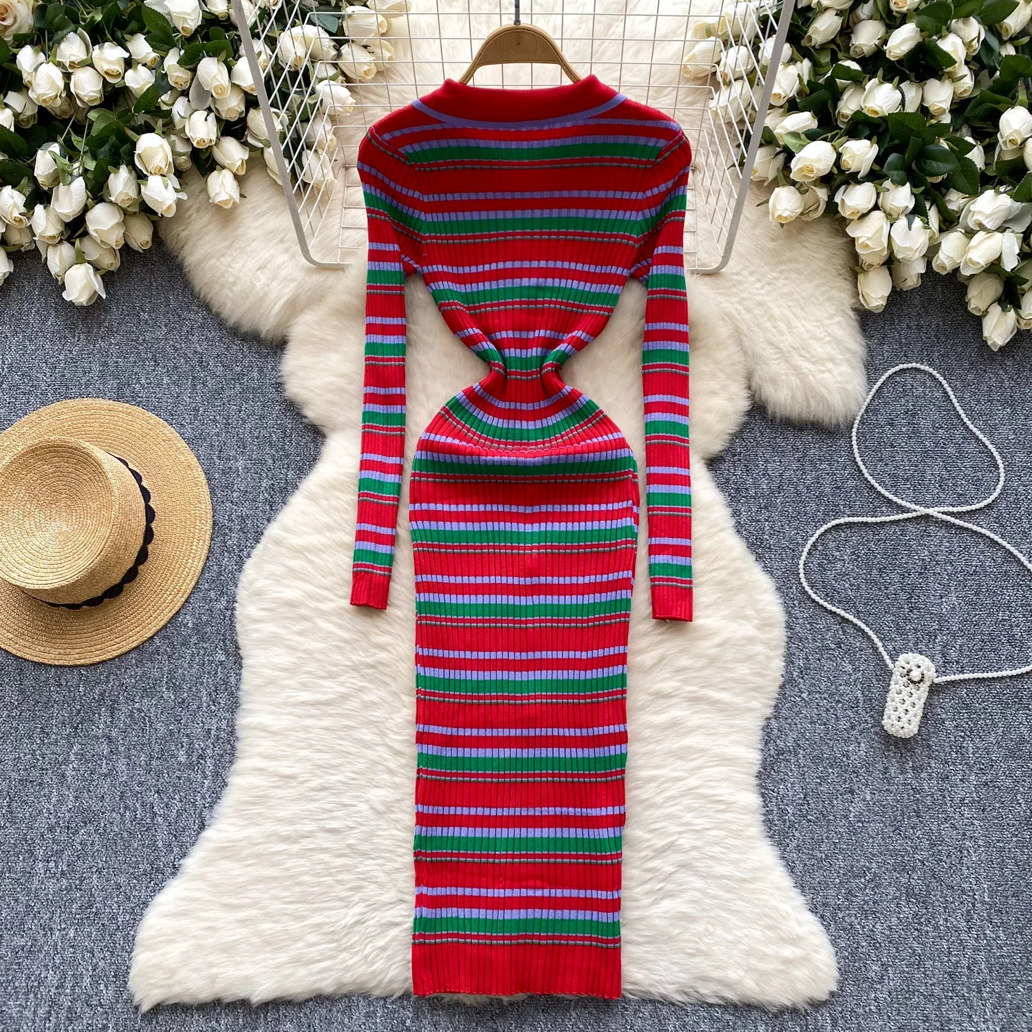 Vintage Turn-down Collar Elegant Long Sleeve Chic Striped Slim Single Breasted Knit Dresses High Street Autumn Winter Clothing