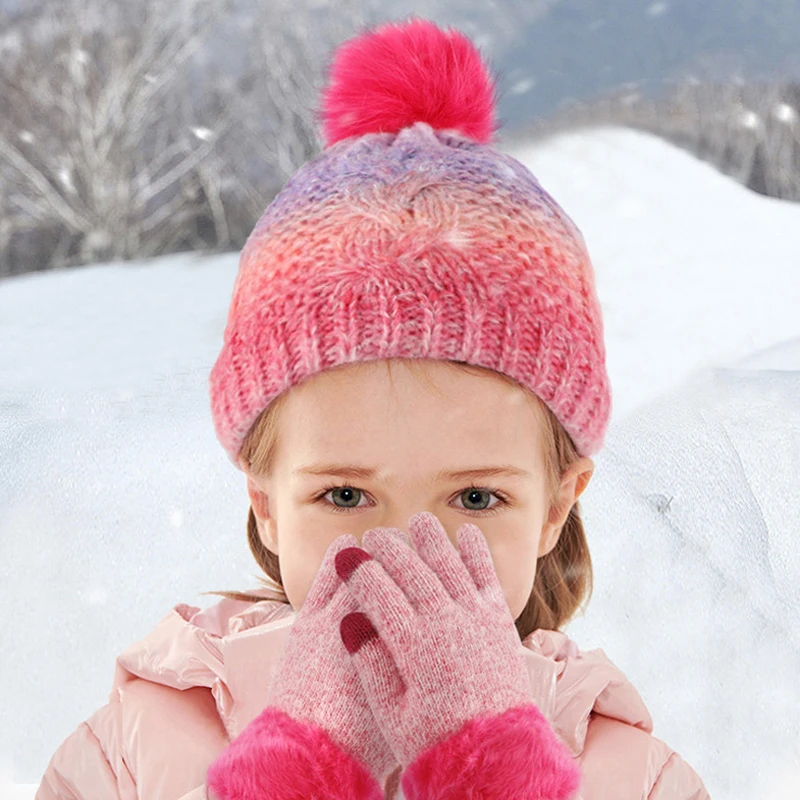 Conjunto de luvas e chapéu de pelúcia de feijão infantil, cinta grossa e quente, bonito pom-pom-pom, malha, europeu, americano, inverno, 2022