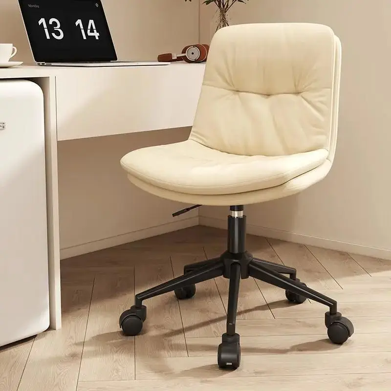 Gaming Chair Cream White Pu Leather Armless Office Swivel Rolling Computer Height Adjustable Desk Home
