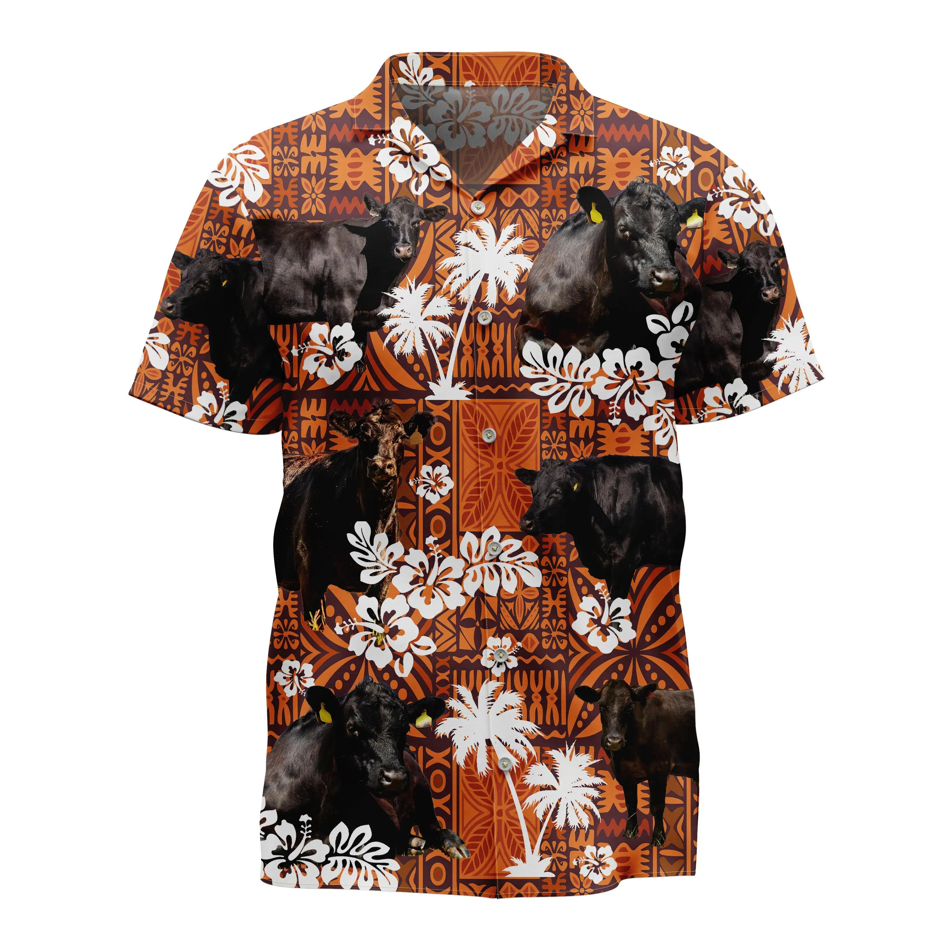 Jumeast Black Angus Cattle Pattern Short Sleeve Hawaiian Shirt Hibiscus Flowers Graphics Aloha Shirts Tropical Casual Clothing