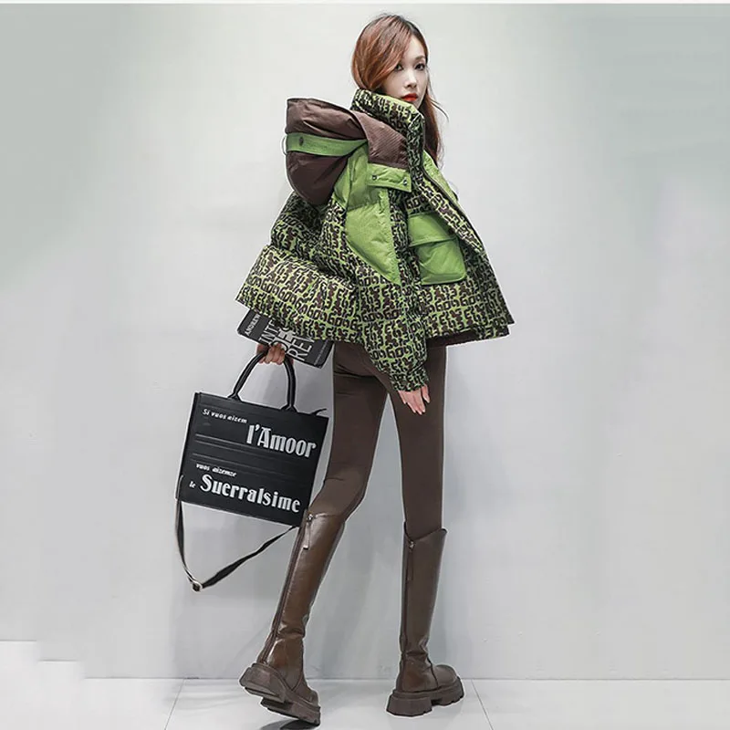 Veste en duvet de coton imprimé pour femme, Streetwear, court, à capuche, ample, épais, décontracté, nouvelle collection hiver 2025