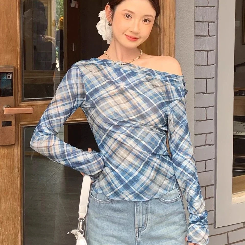 Sommer Neue Plaid Spitze ort Sve Lange Sve oulder Bared frauen Slim Fit T-shirt Cover up Koreanische Sle Pendeln Faion