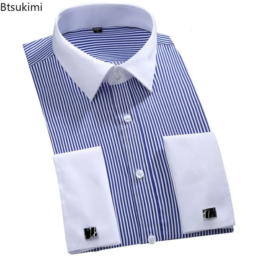 New 2025 Men's Formal Long Sleeve Dress Shirts Classic French Cuffs Striped Shirt Male Slim Fit Wedding Party Shirts Male M-6XL