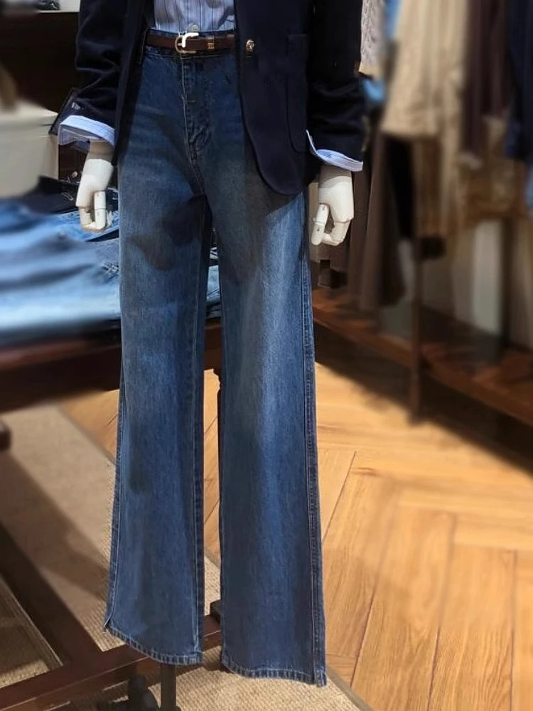 

Джинсы женские с высокой талией, свободного кроя, прямые, темно-синие, осенне-зимние, новые, в стиле ретро, утягивающие, маленькие размеры